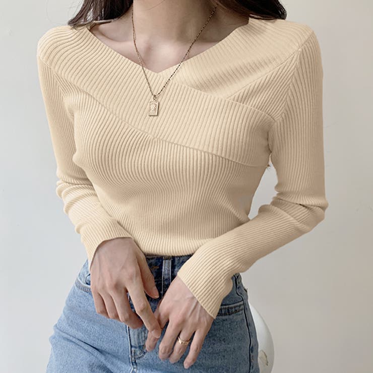 ベージュ | ニットトップス Vネック 肌見せ 韓国風 | Miniministore