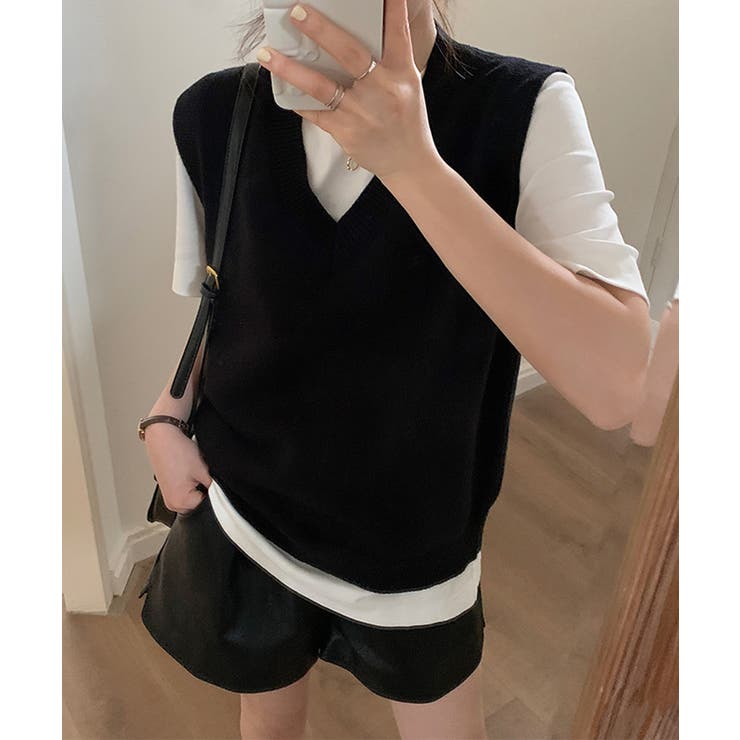 ブラック | ニットベスト Vネック 重ね着 春秋冬 | SUNSHINE CLOSET