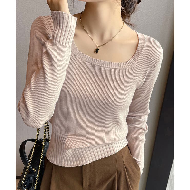 ピンクベージュ | ニットトップス スクエアネック 春秋冬 | Miniministore