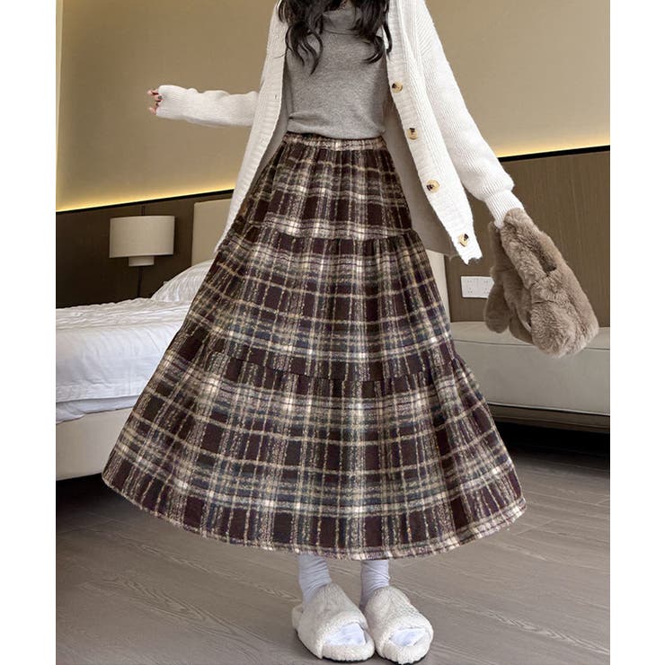ブラウン | フレアスカート Aライン チェック柄秋冬 | Miniministore
