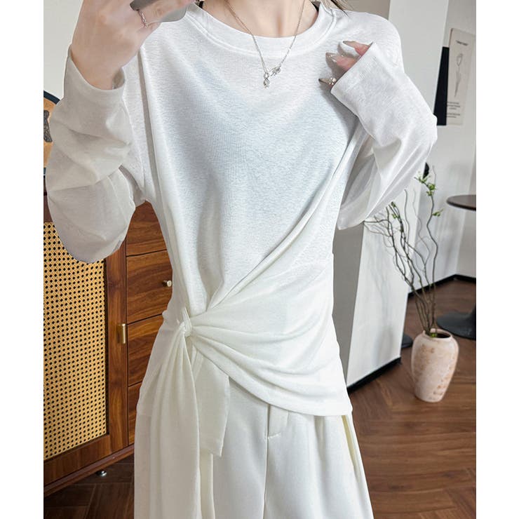 ホワイト | Tシャツ アシメデザイン 長袖 透け感夏 | Miniministore