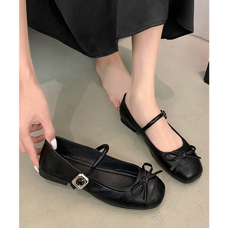 ブラック | ストラップパンプス リボン レディース | Miniministore