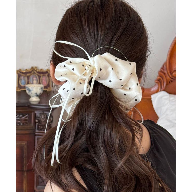 アイボリー | リボンヘアゴム ドット柄シュシュ 韓国風 | Miniministore