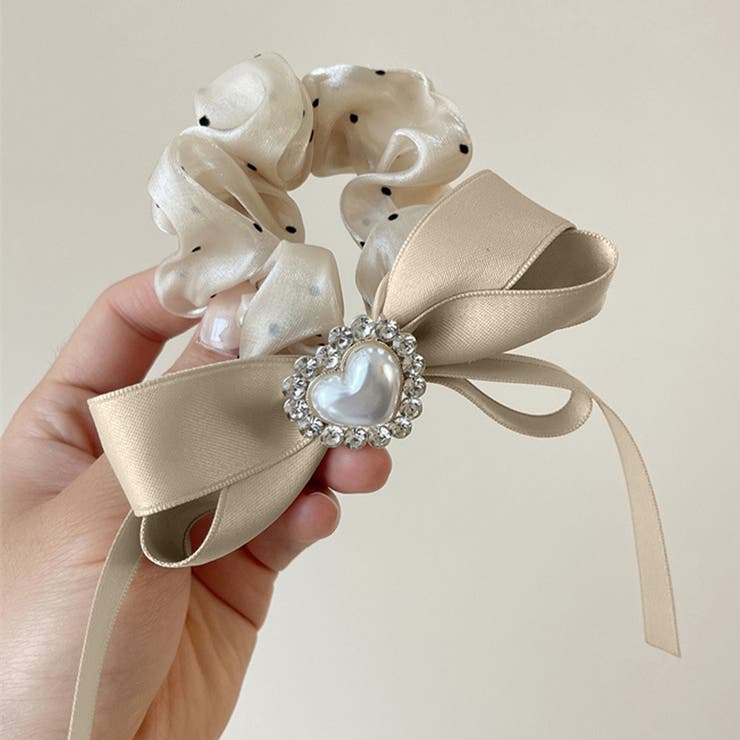 ベージュ | 光沢シュシュ ヘアゴム ハート リボン | Miniministore