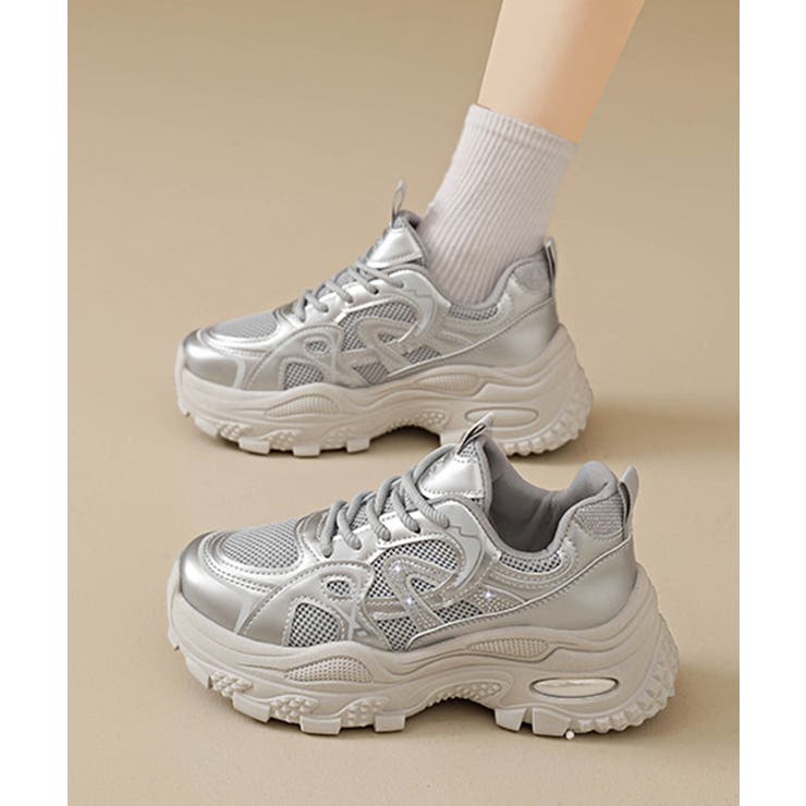 シルバー | 厚底メッシュスニーカー 美脚 韓国風靴黒 | Miniministore