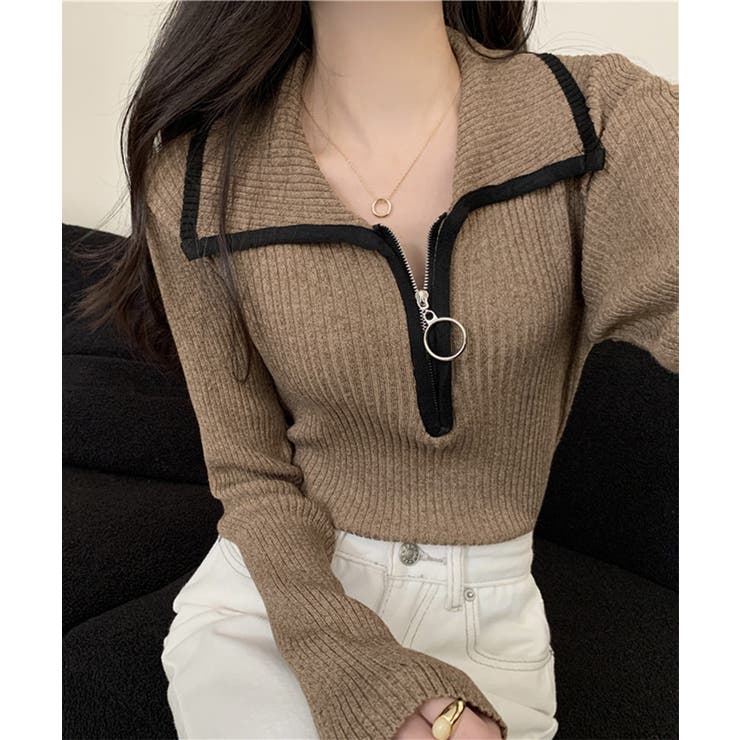 ブラウン | ニットトップス ファスナー付き 無地 | SUNSHINE CLOSET