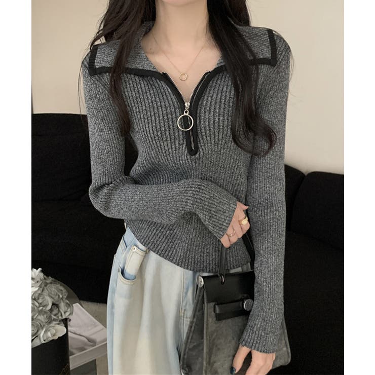 ダークグレー | ニットトップス ファスナー付き 無地 | SUNSHINE CLOSET