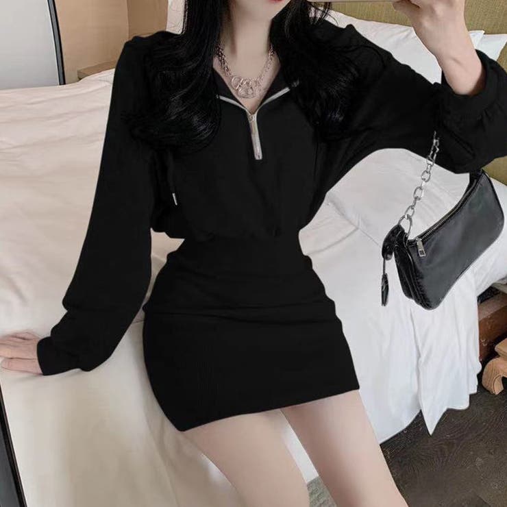 ブラック | ワンピース フード付き 長袖 レディース | Miniministore