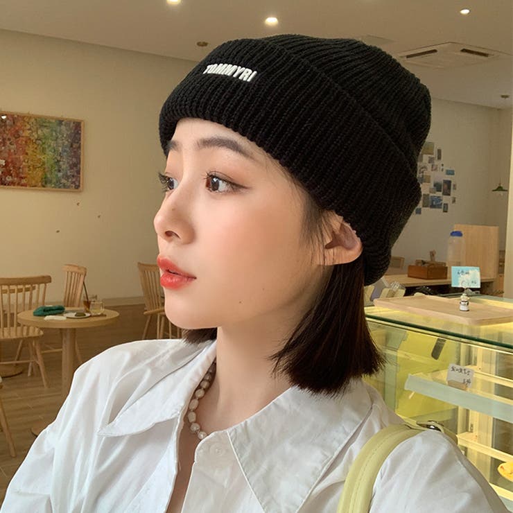 ブラック | ニット帽子 レディース 英字ロゴ 7色 | Miniministore