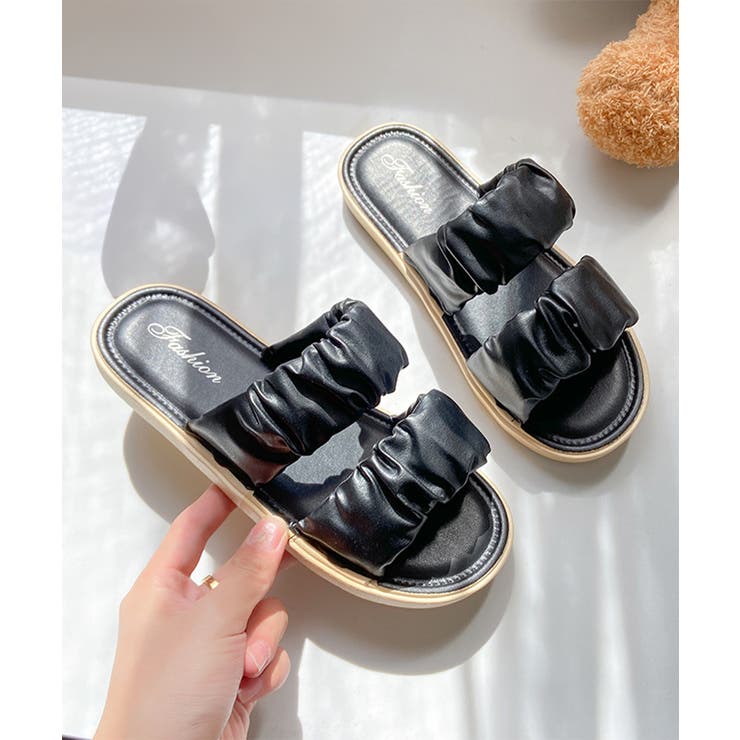 ブラック | スリッパサンダル レディース ギャザー | Miniministore