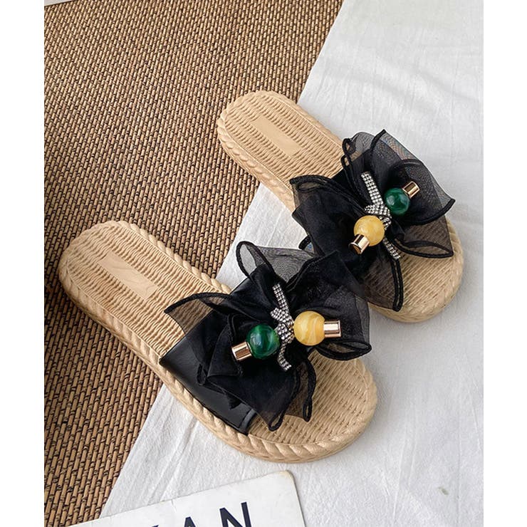 ブラック | リボンサンダル レディース スリッパ | Miniministore