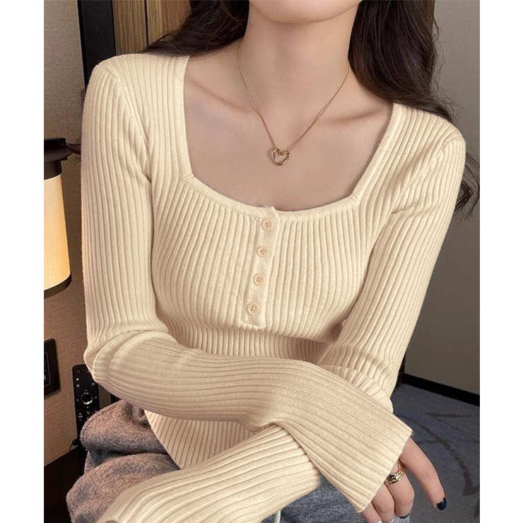 ライトベージュ | ニットトップス スクエアネック 無地 | Miniministore