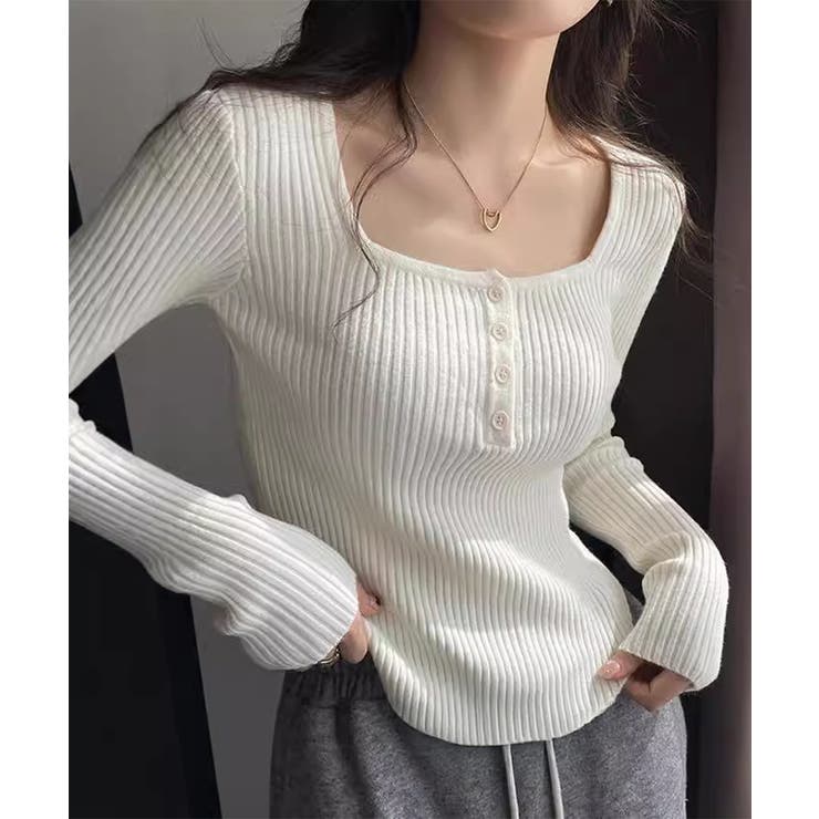 ホワイト | ニットトップス スクエアネック 無地 | Miniministore