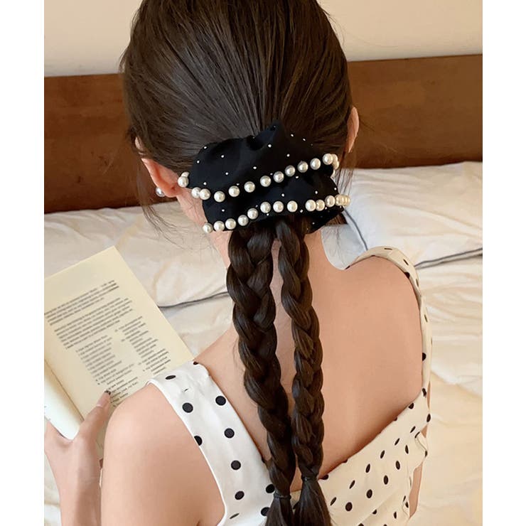 ブラック | パール付きシュシュ ヘアゴム 韓国風 | Miniministore