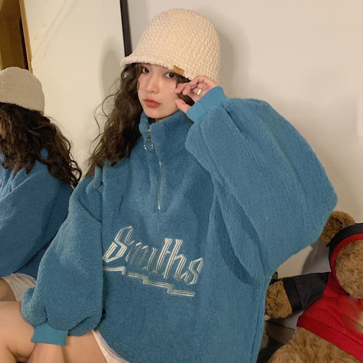 ブルー | ボアトレーナー フロントジップ 韓国風 | Miniministore