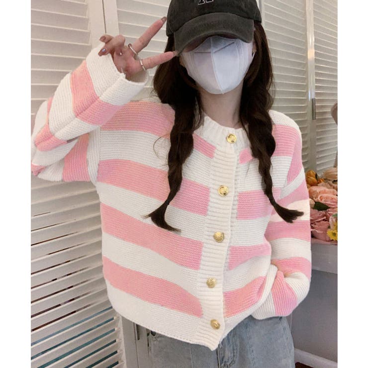 ピンク | ボーダー柄セーター ニットカーディガン | Miniministore