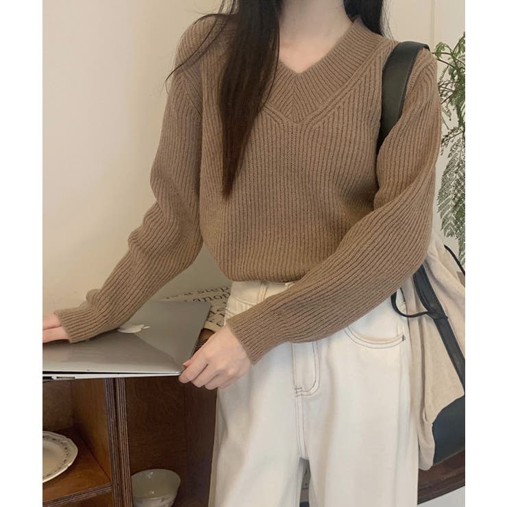 ニットトップス レディース 無地Vネック[品番：AGCW0005212]｜SUNSHINE