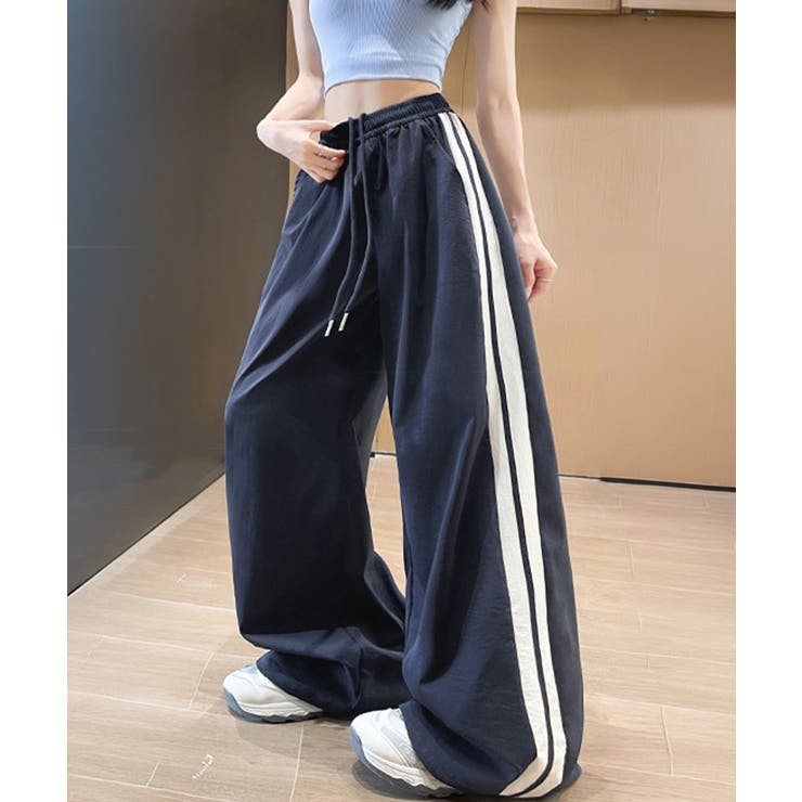 ネイビー | ワイドパンツ 配色 サイドライン 春夏 | Miniministore
