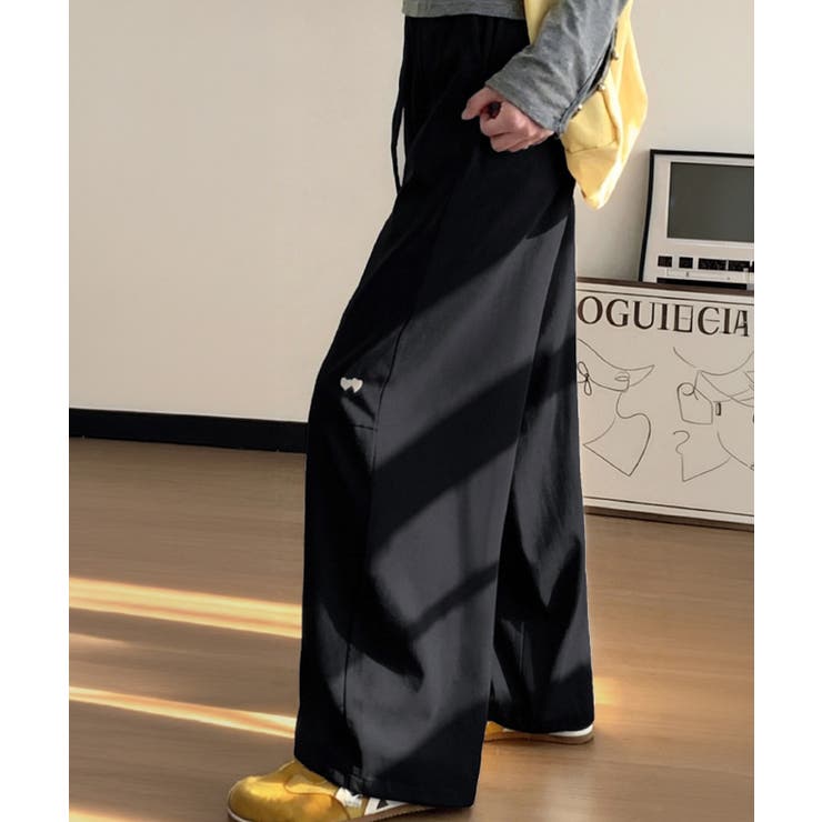 ブラック | ハート刺しゅう ワイドパンツ 春夏秋 | Miniministore