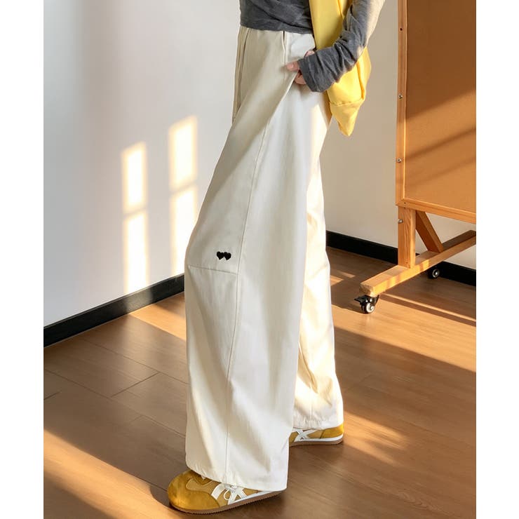アイボリー | ハート刺しゅう ワイドパンツ 春夏秋 | Miniministore