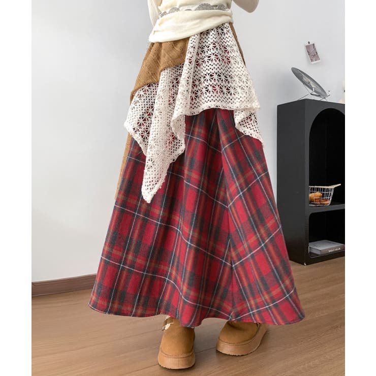 レッド | チェック柄 イレヘムスカート レース切替 | Miniministore