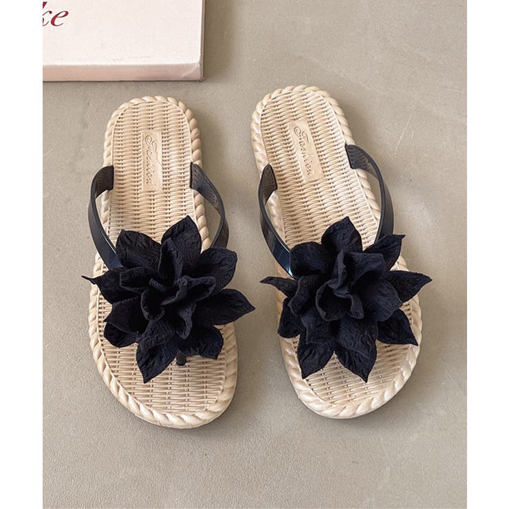 ブラック | ビーチサンダル 花飾り トングサンダル | Miniministore