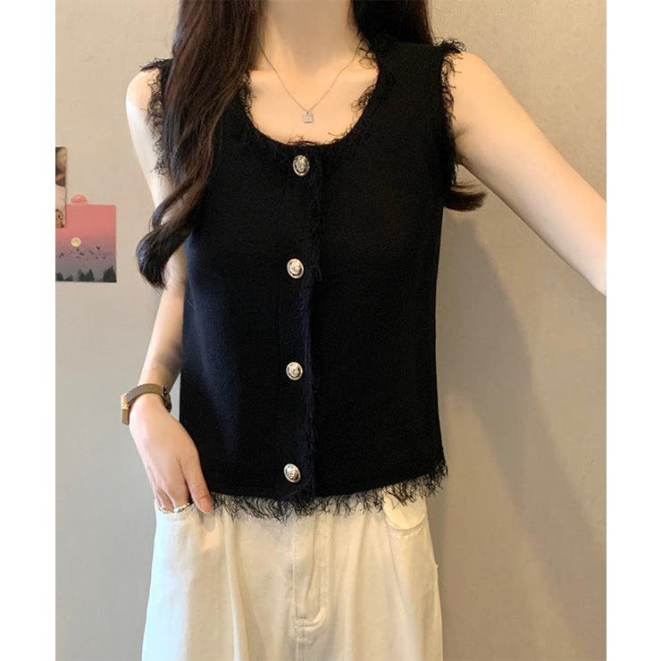 ブラック | ベスト レディース フリンジ ボタン飾り | Miniministore