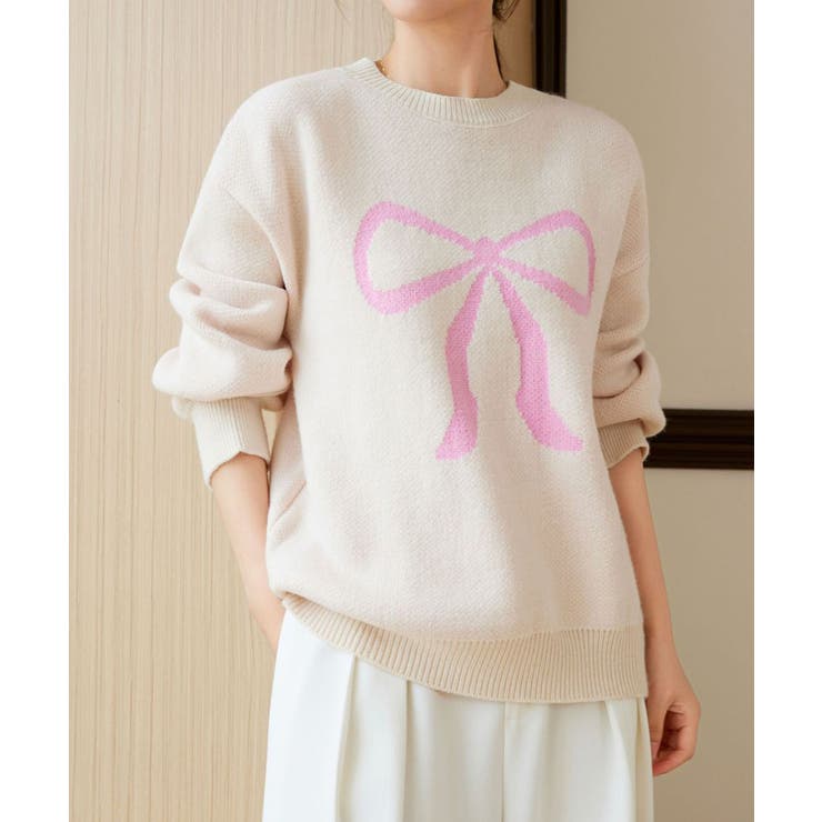 アイボリー | セーター レディース リボン柄 韓国風 | Miniministore