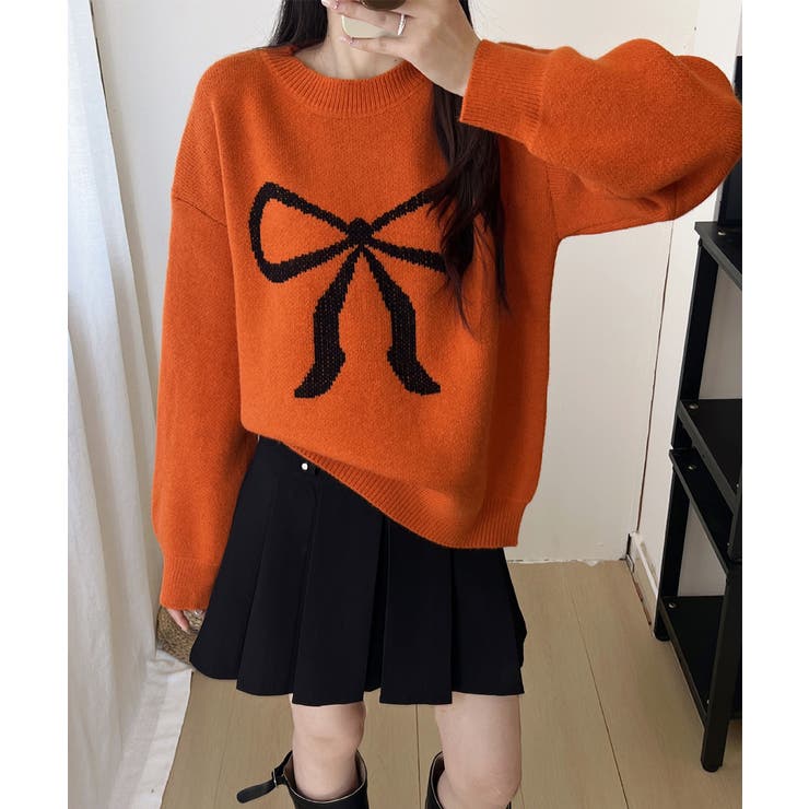 オレンジ | セーター レディース リボン柄 韓国風 | Miniministore