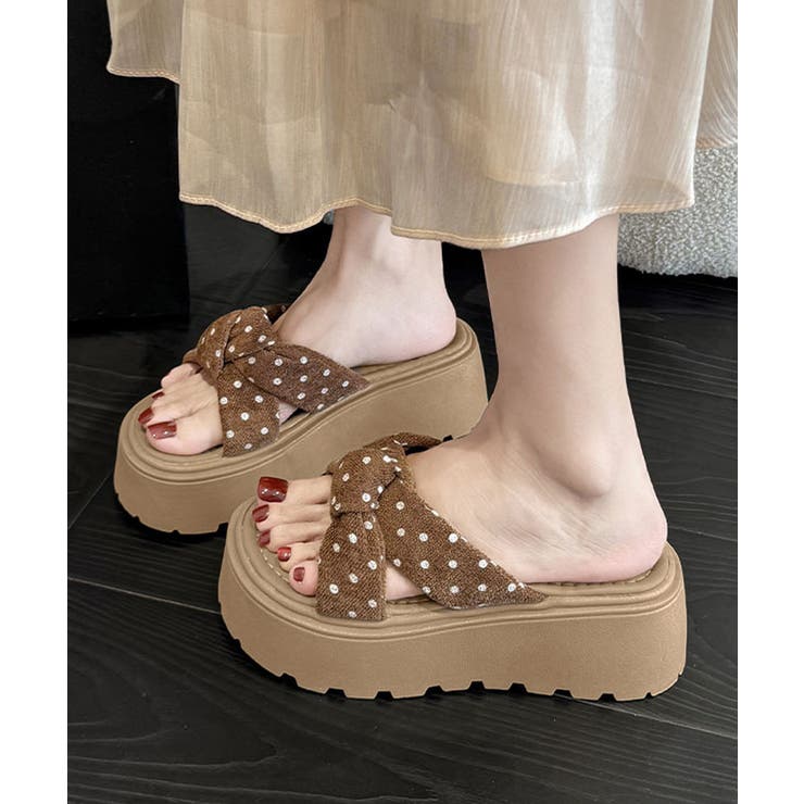 ブラウン系1*ドット | ドット柄 クロスリボン 厚底サンダル美脚 | Miniministore