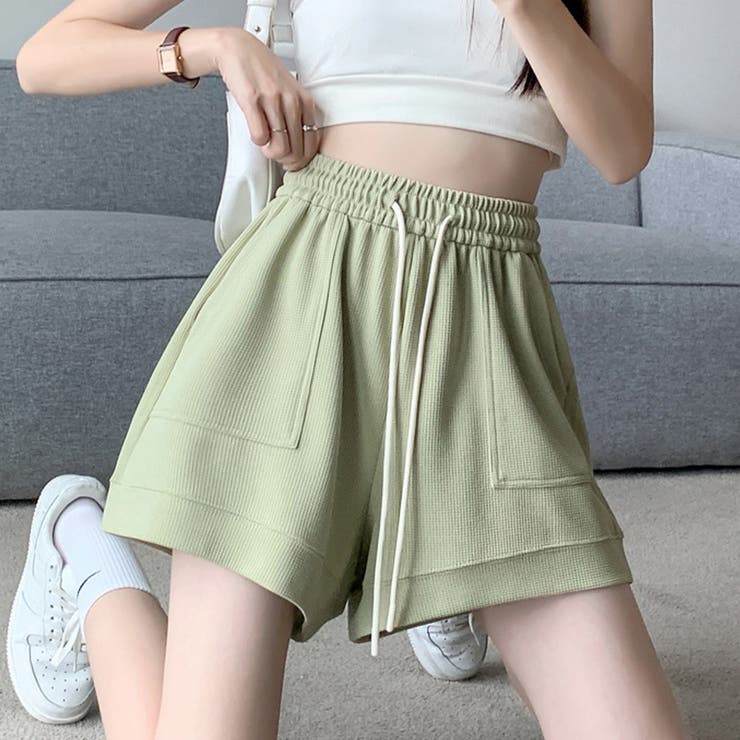 【一点物】　seea 緑色ショートパンツ ウエスト紐付き　M 新品未使用　値下中 Amazon | L グリーン ノーブランド品 DM/ディーエム ショート
