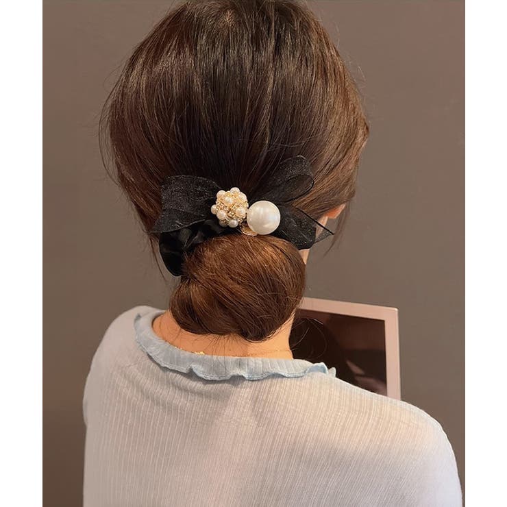 ブラック | シュシュ リボン パール ヘアゴム韓国風 | Miniministore