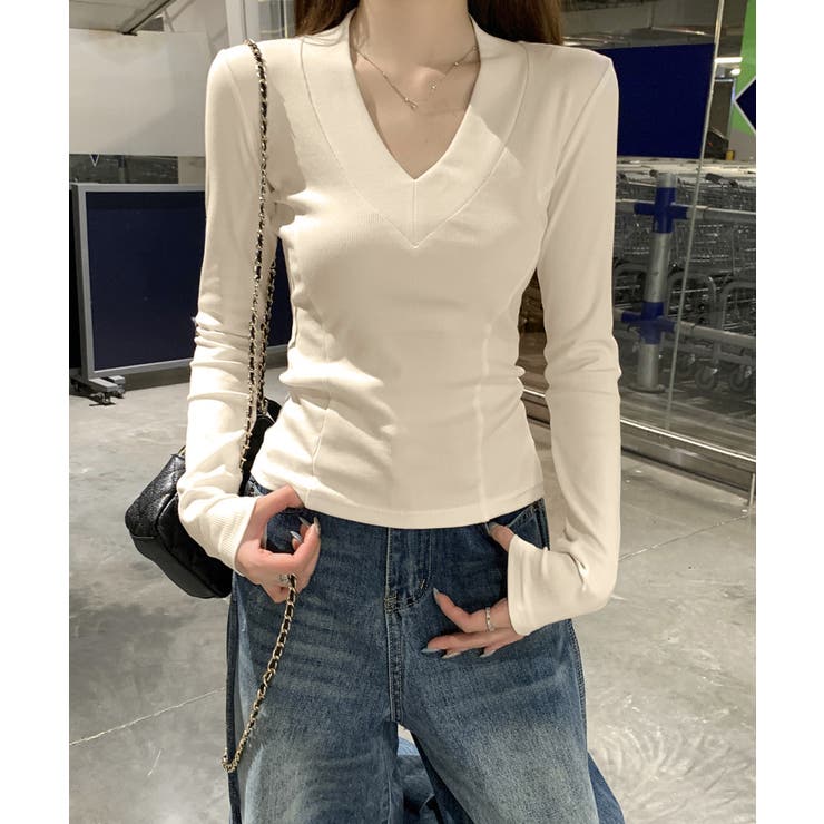 Vネック 長袖Tシャツ 韓国風カットソー | Miniministore | 詳細画像4 