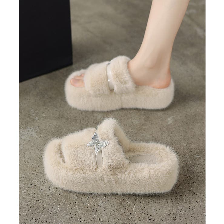 厚底ファーサンダル 蝶々 スリッパ 秋冬[品番：II000012028