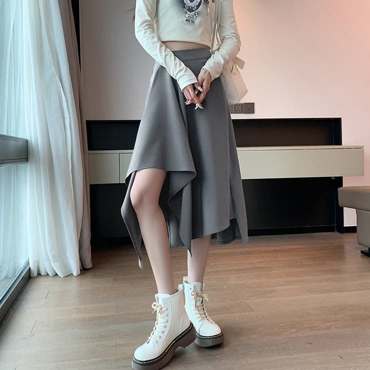 スカート プリント アシンメトリー Aライン ロング丈 韓国系 miniministore アシンメトリー スカート Aライン 韓国