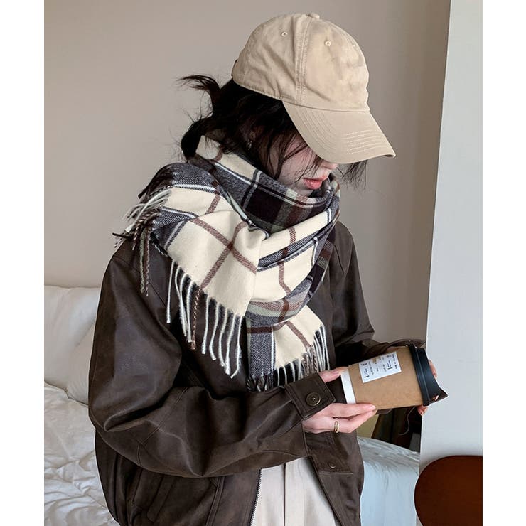 チェック柄 ベージュ系 マフラー フリンジ付き~ セール】【緊急入荷！】【25年秋冬新作】【7色展開】あったかい