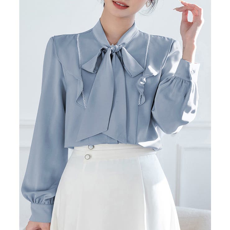 ライトブルー | リボンタイブラウスフリルシャツレディース オフィスカジュアル | Aimoon