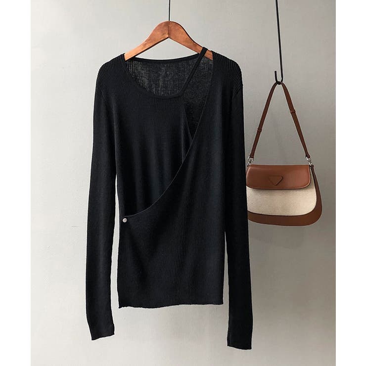 ブラック | リブニットトップス カシュクール風 韓国 | Aimoon