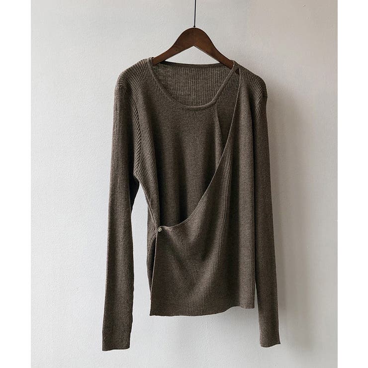 ブラウン | リブニットトップス カシュクール風 韓国 | Aimoon