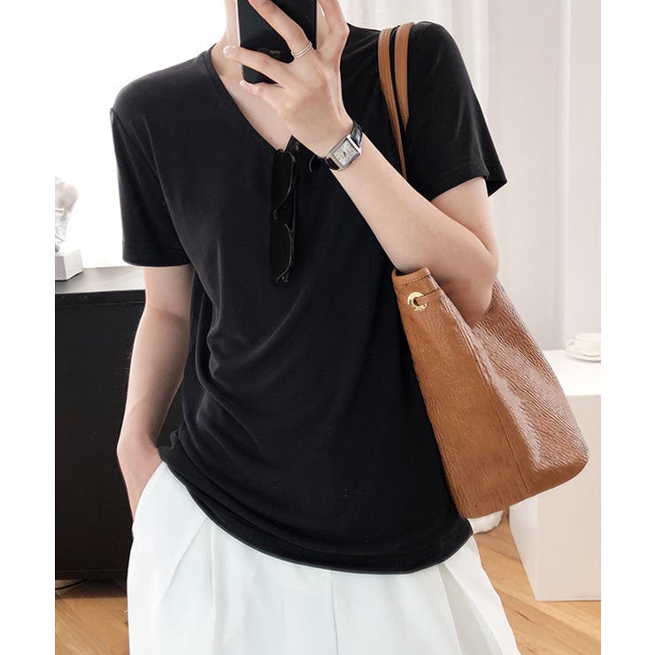 ブラック | 半袖 Tシャツ レディース ラウンドネック | Aimoon