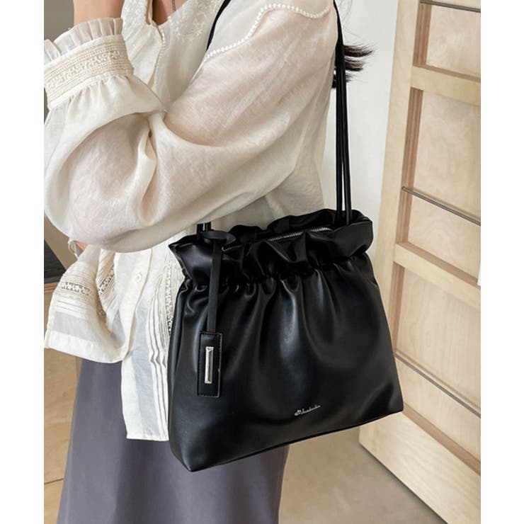 ブラック | ギャザートートバッグ フリル肩掛けバッグ | Miniministore