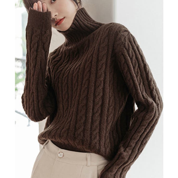 タートルネックニットトップスケーブル編み[品番：AGCW0006052