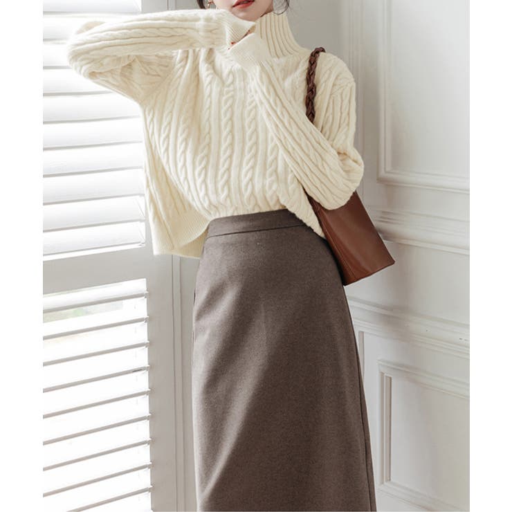 アイボリー | タートルネックニットトップスケーブル編み | Miniministore