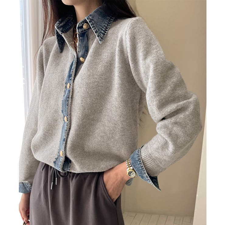 グレー | デニム切り替えニットカーディガン 韓国風 | Miniministore