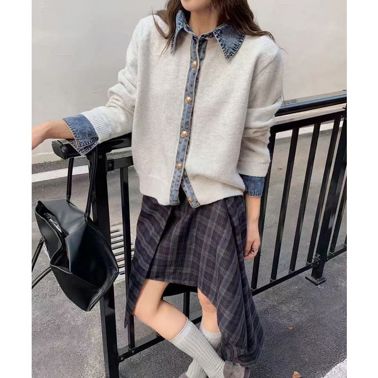 ライトグレー | デニム切り替えニットカーディガン 韓国風 | Miniministore
