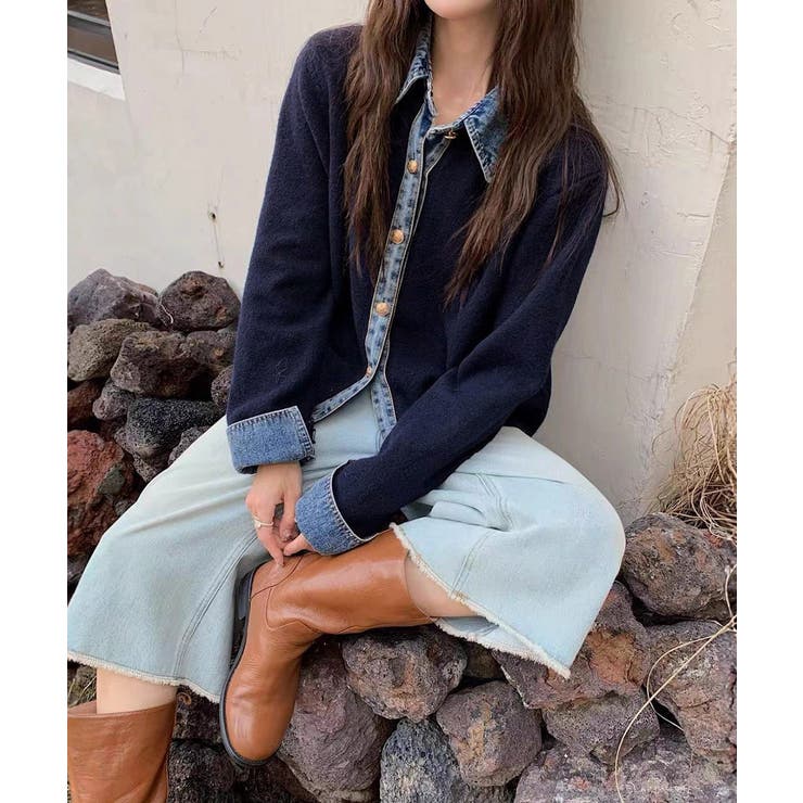 ネイビー | デニム切り替えニットカーディガン 韓国風 | Miniministore