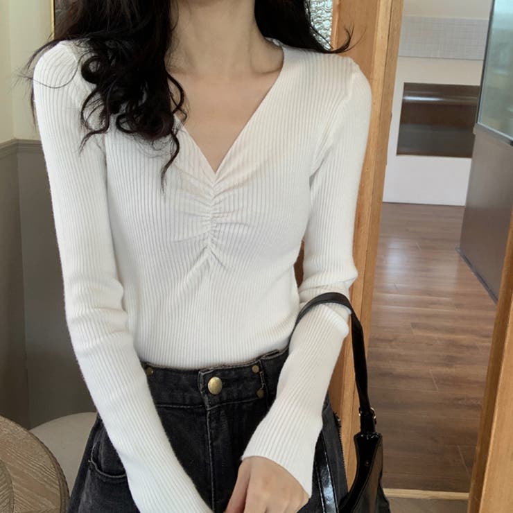 ホワイト | ギャザーリブニットトップスレディース秋冬 | Miniministore