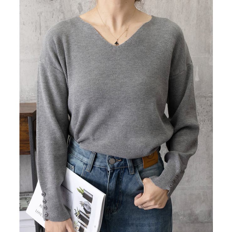 グレー | ニットトップス レディース Vネック長袖 | Miniministore