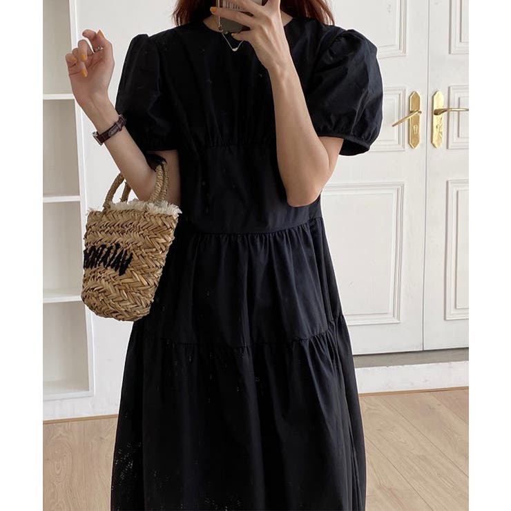 パフスリーブ ロングワンピース レディース[品番:II000006829 パフスリーブ ロングワンピース レディース[品番:II000006829