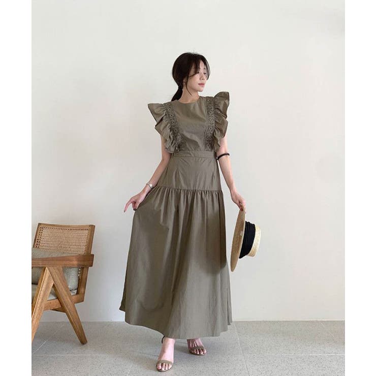 全2色 ワンピース フリル 無地 着回し 上品 韓国ファッション ロングワンピース フリルレディース韓国[品番：II000007138